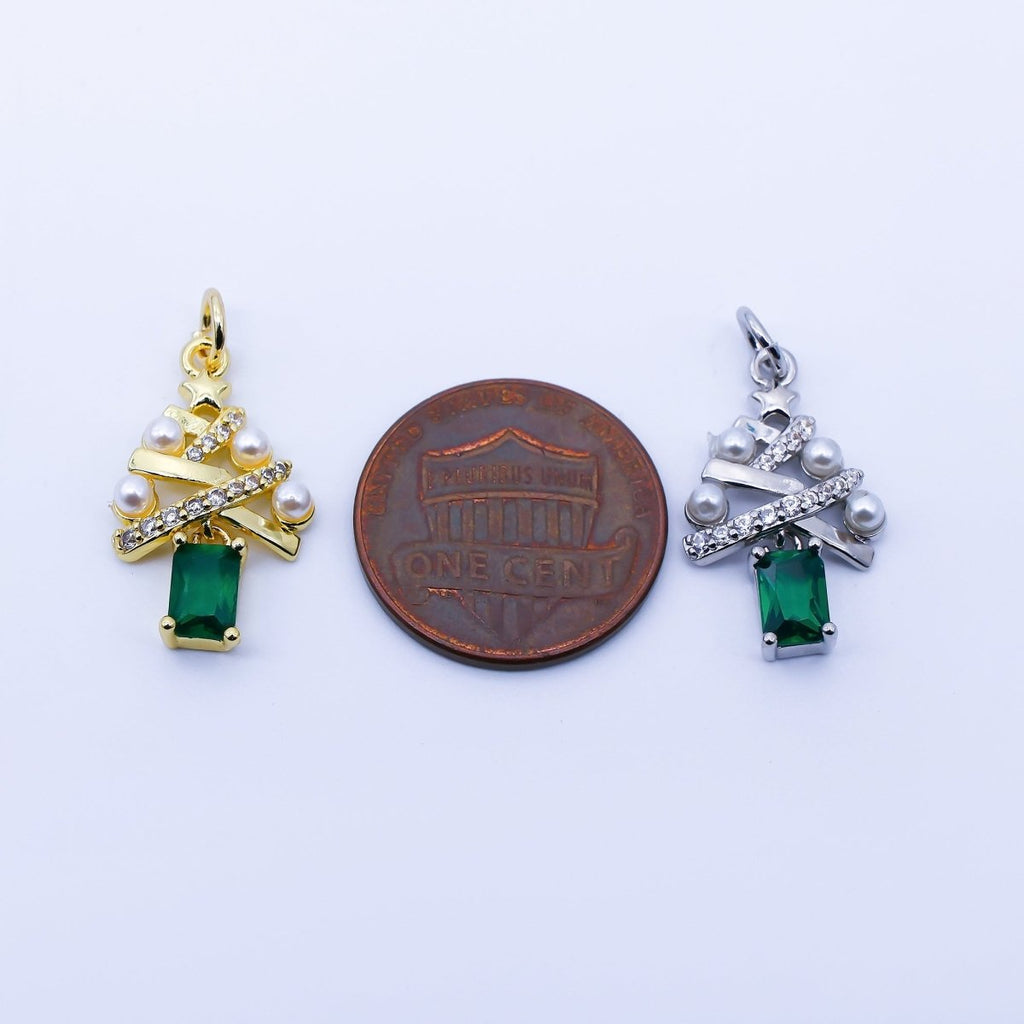 24K Gold Filled Green Baguette CZ Micro Paved Shell Pearl Christmas Tree Charm in Gold & Silver | C940