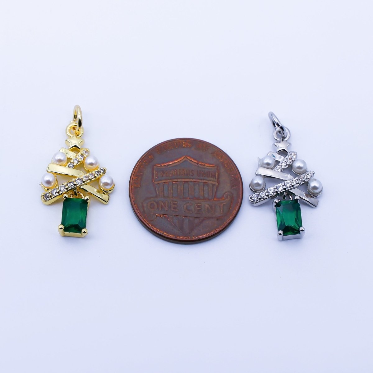 24K Gold Filled Green Baguette CZ Micro Paved Shell Pearl Christmas Tree Charm in Gold & Silver | C940