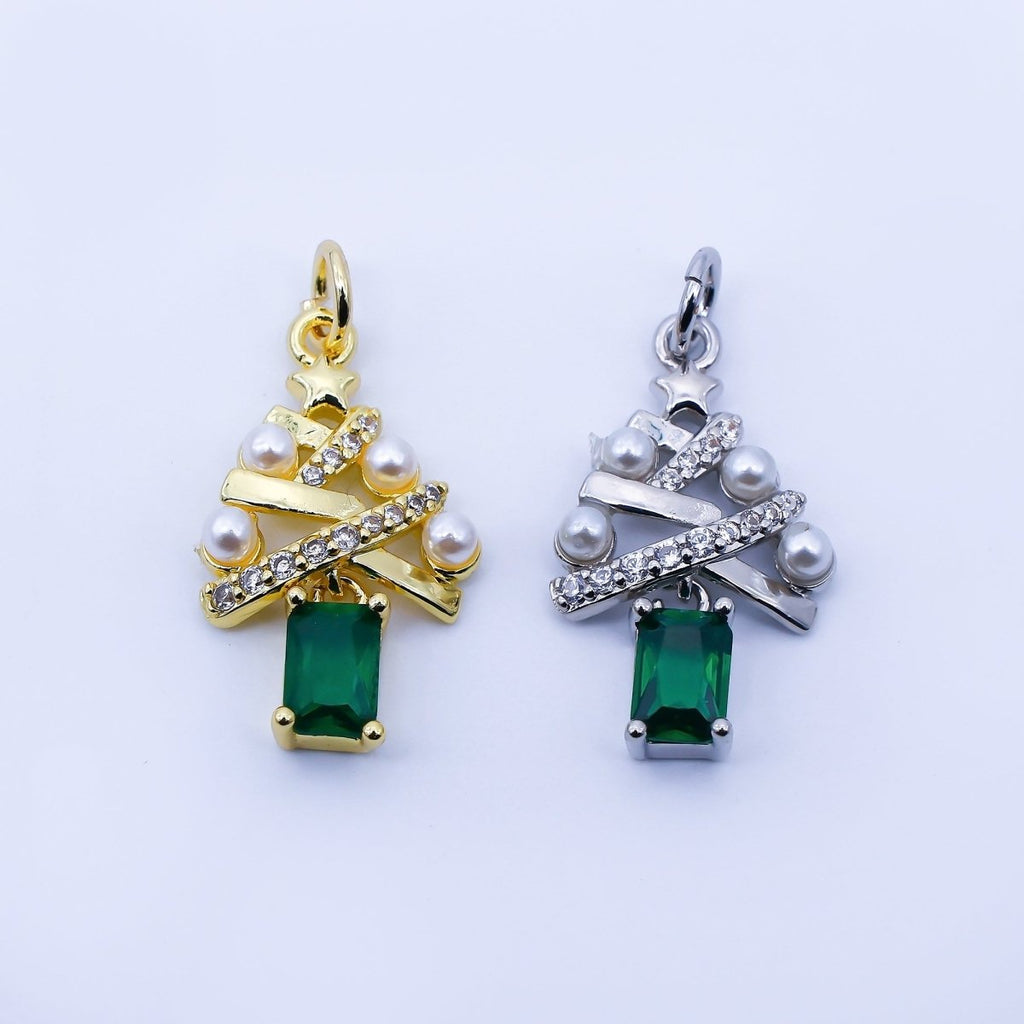 24K Gold Filled Green Baguette CZ Micro Paved Shell Pearl Christmas Tree Charm in Gold & Silver | C940