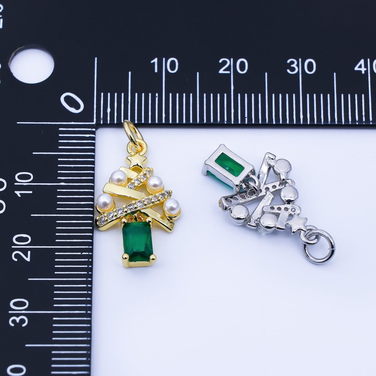 24K Gold Filled Green Baguette CZ Micro Paved Shell Pearl Christmas Tree Charm in Gold & Silver | C940