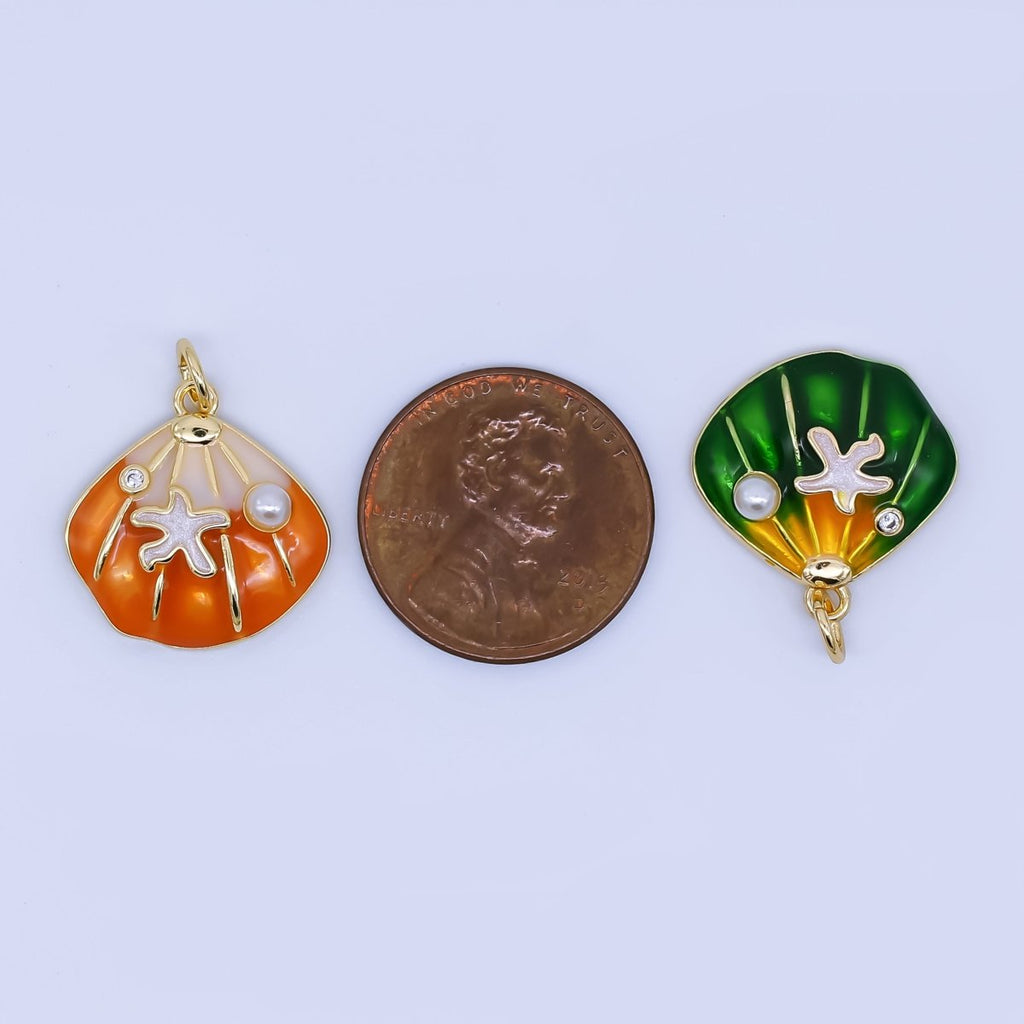 24K Gold Filled Green, Orange, Teal, Blue Starfish Scallop Clam Sea Shell Charm | AJ431 AJ432