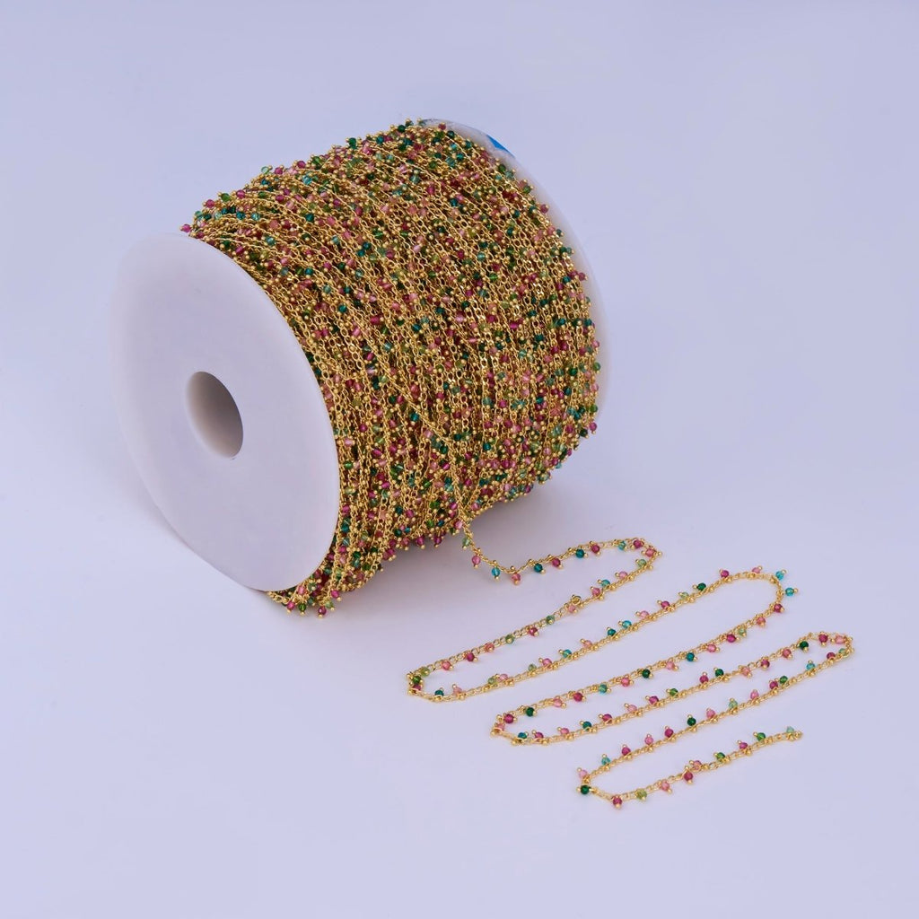 24K Gold Filled Multicolor Multifaceted Crystal Drop Unfinished Chain by Yard | Roll-01664
