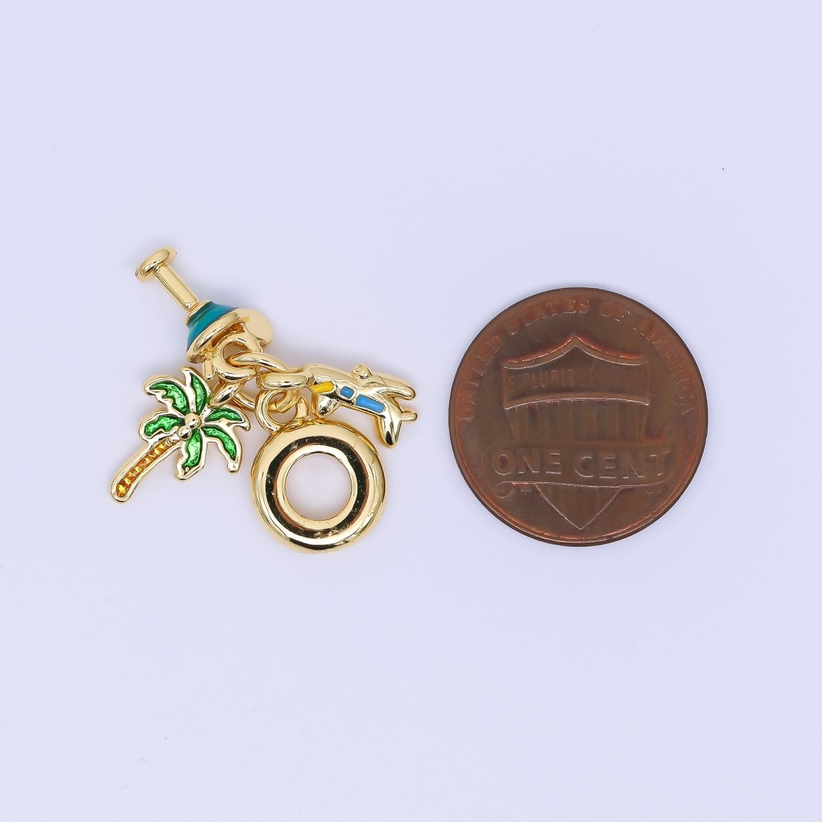 24K Gold Filled Palm Tree Cocktails Airplane Jet Vacation Travel Set Rondelle Drop Charm | AC1650