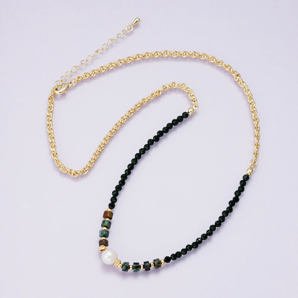24K Gold Filled Shell Pearl Amazonite Multifaceted Gemstone Cable Chain Half 18 Inch Necklace w. Extender | WA-04230