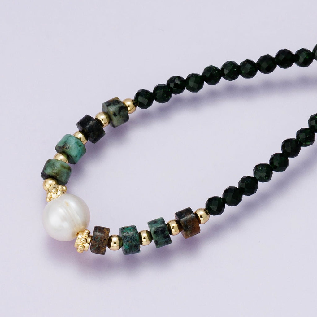 24K Gold Filled Shell Pearl Amazonite Multifaceted Gemstone Cable Chain Half 18 Inch Necklace w. Extender | WA-04230