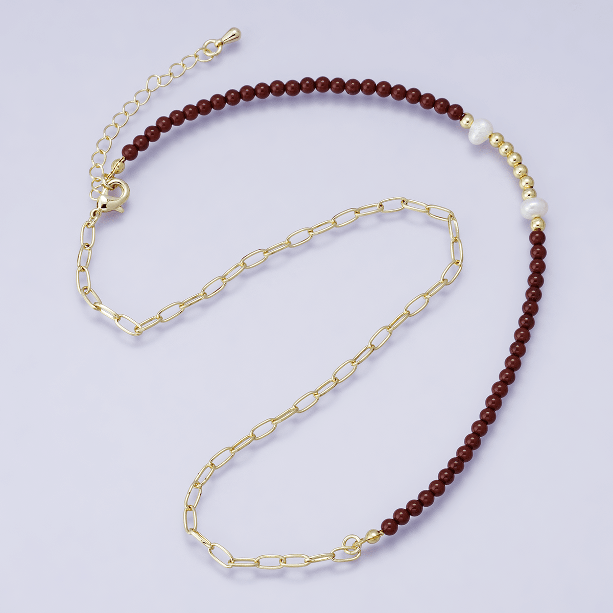 24K Gold Filled Shell Pearl Carnelian Ball Gemstone Paperclip Chain Half 16.5 Inch Necklace | WA-04209