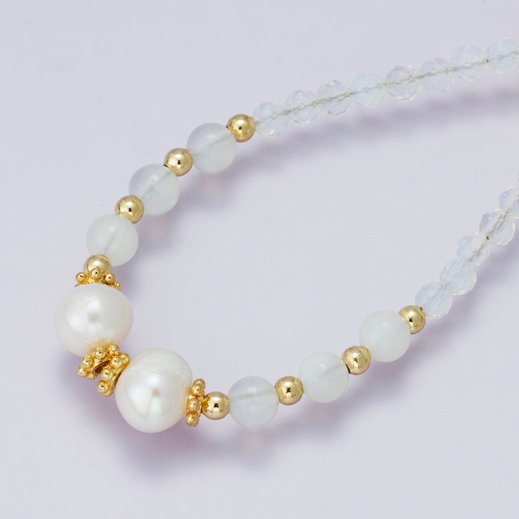 24K Gold Filled Shell Pearl White Opal Multifaceted Gemstone Ball Cable Chain Half 18 Inch Necklace w. Extender | WA-04236