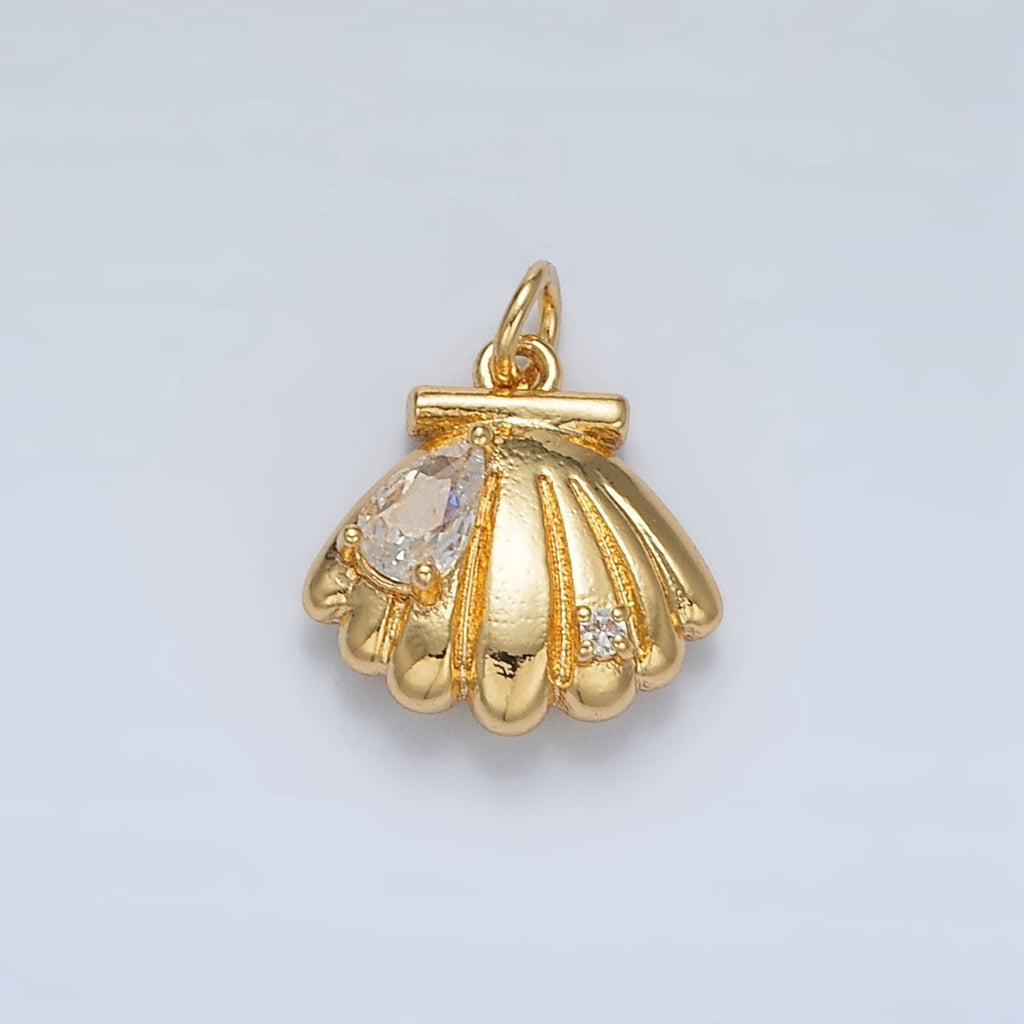 24K Gold Filled Teardrop CZ Clam Sea Shell Puffed Charm | AC160