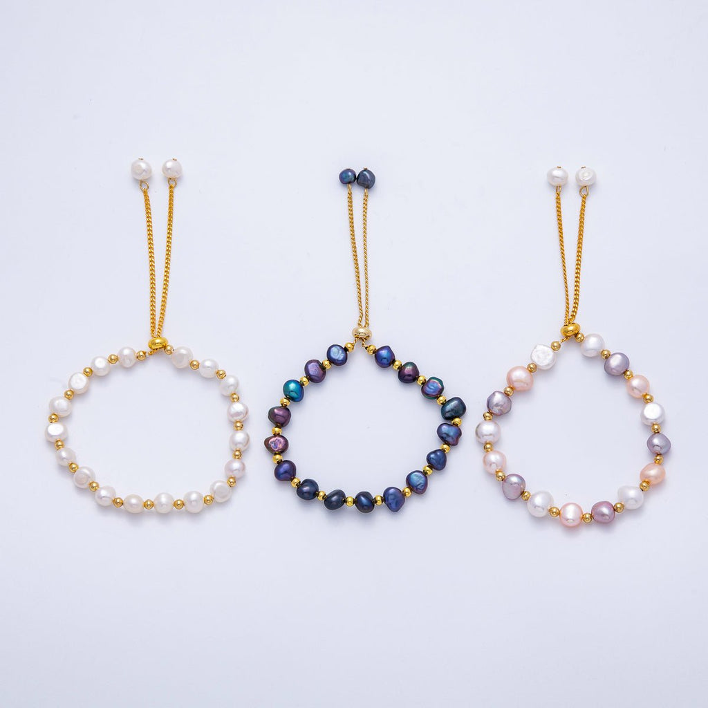 24K Gold Filled White, Multicolor, Black Button Freshwater Pearl Bolo Adjustable Bracelet | WA-04264