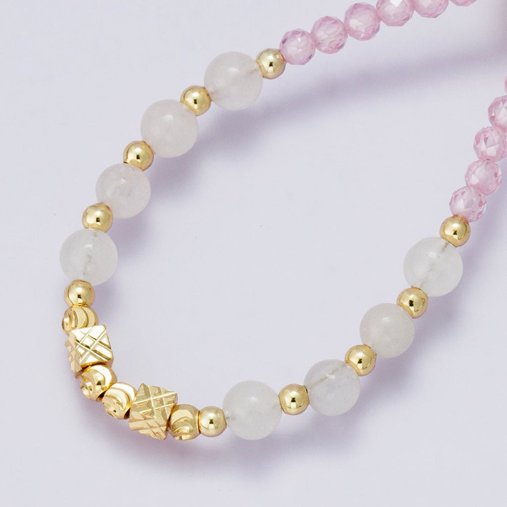 24K Gold Filled White Pink Quartz Multifaceted Gemstone Ball Cable Chain Half 18 Inch Necklace w. Extender | WA-04234