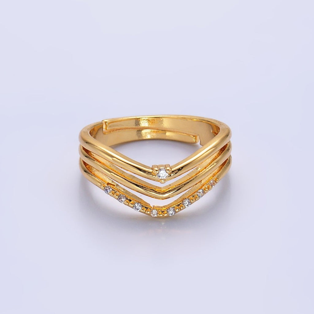 24K Gold Filled Micro Paved CZ Chevron Triple Band Ring | O306