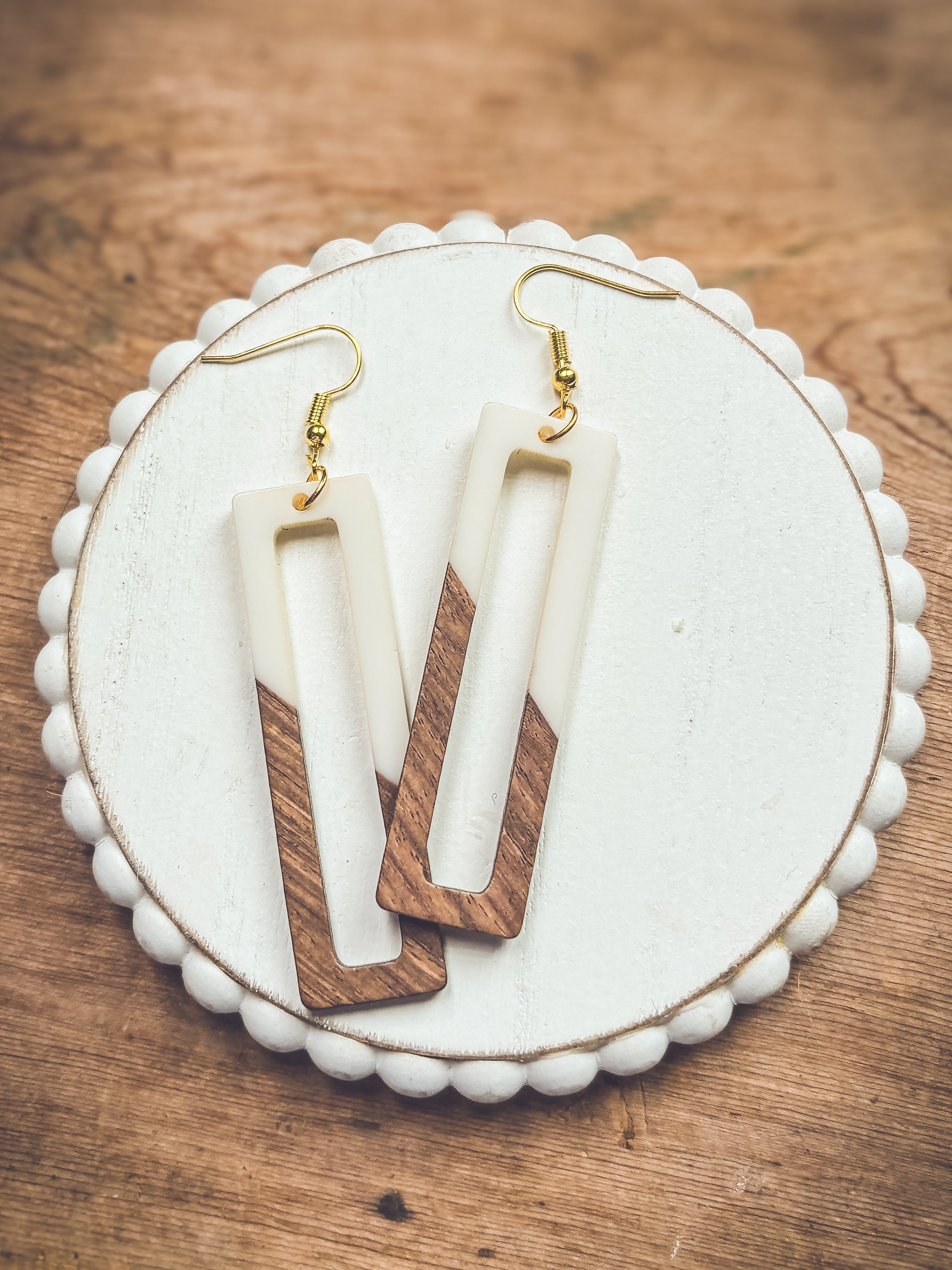 Rectangular White Resin and Wood Earrings