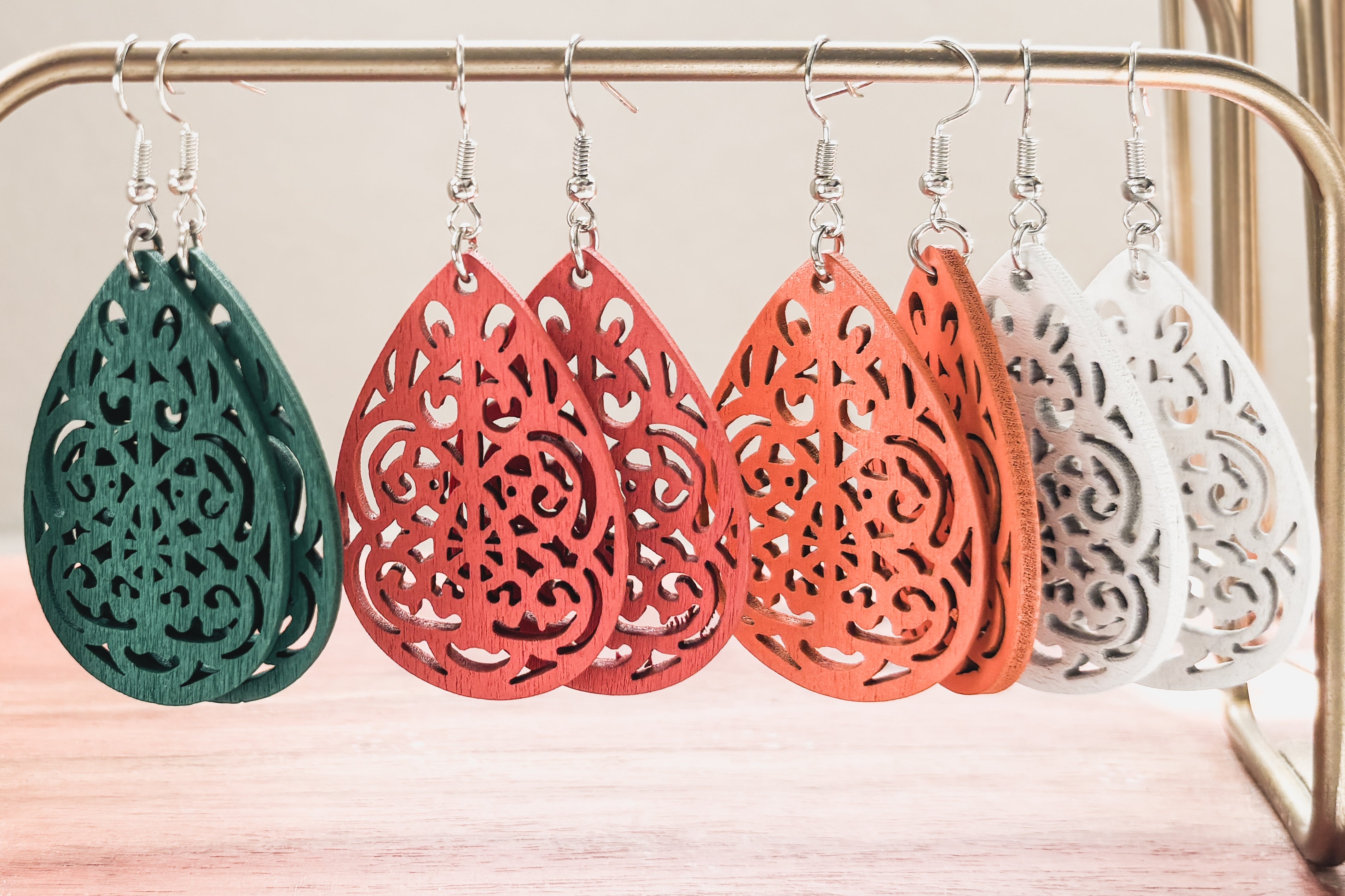 Set of Four Beautiful Carved Wood Earrings