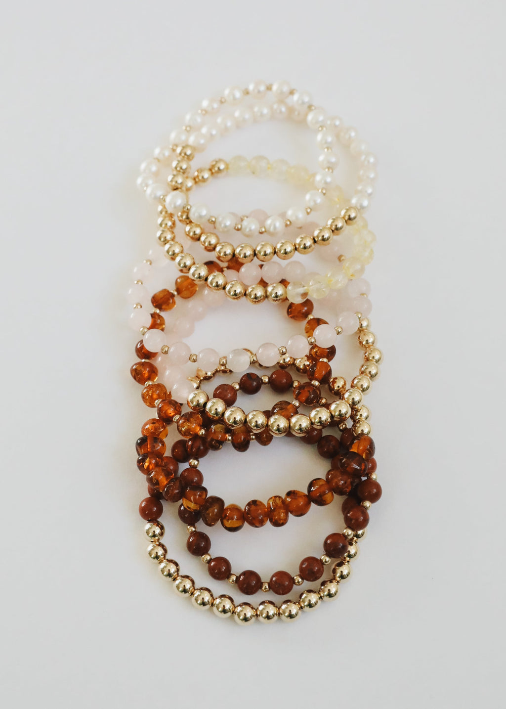 Rose Quartz : 14k Gold Filled Sun + Moon || Stretch Bracelets