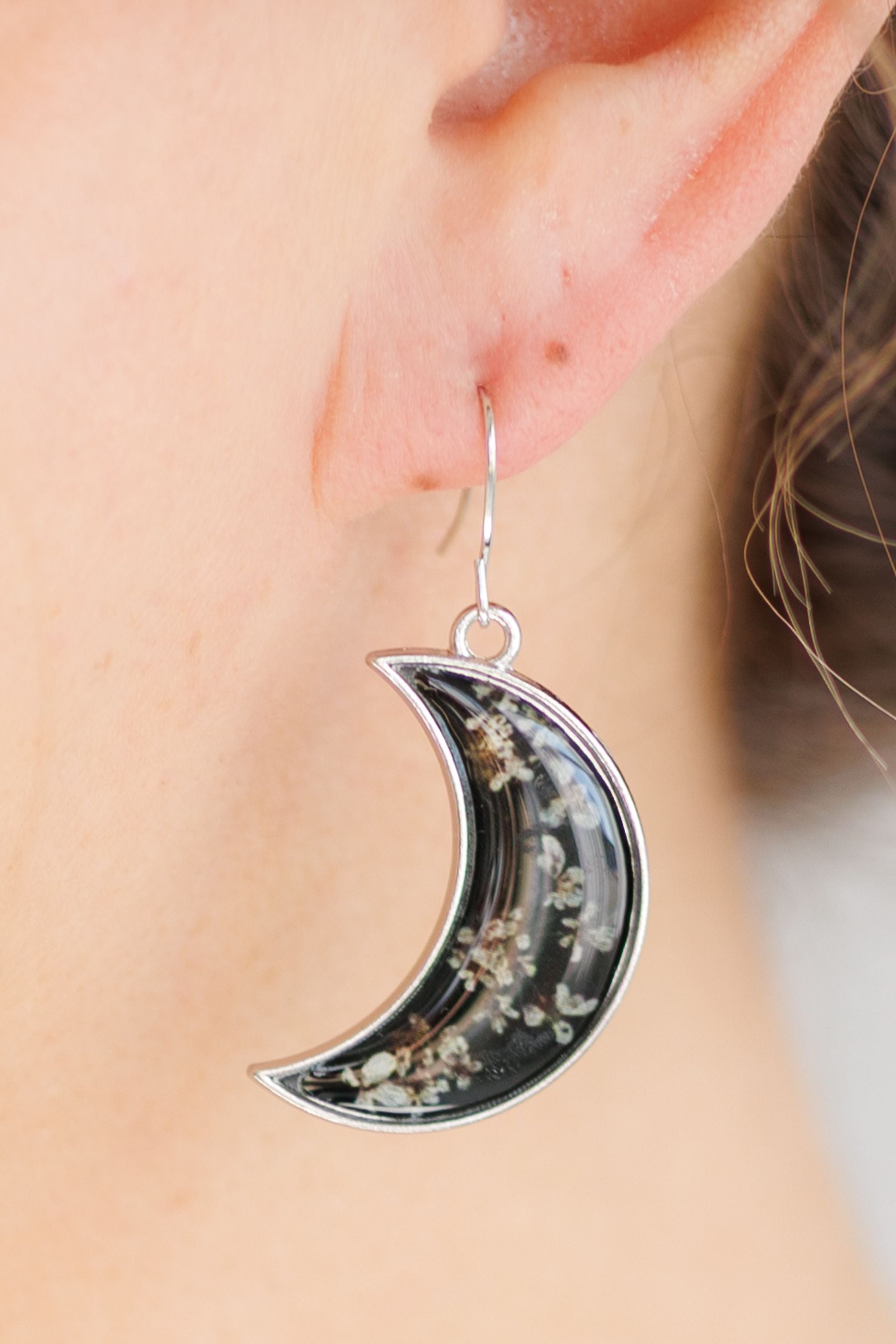 Midnight Moon Crescent Earrings with Pressed Flowers