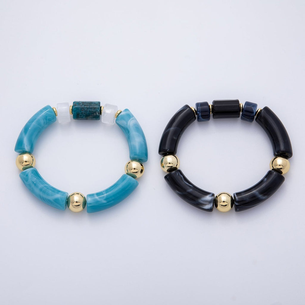 6mm Blue Aquamarine Gemstone Tube Round Ball Bead Stretch Bracelet | WA-4138