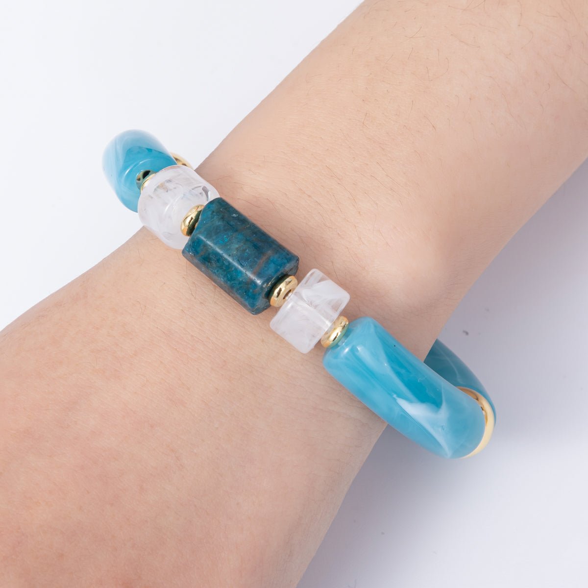 6mm Blue Aquamarine Gemstone Tube Round Ball Bead Stretch Bracelet | WA-4138