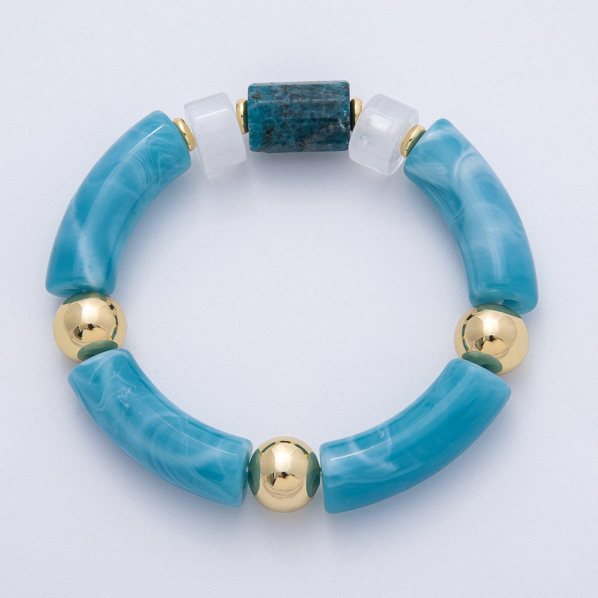 6mm Blue Aquamarine Gemstone Tube Round Ball Bead Stretch Bracelet | WA-4138