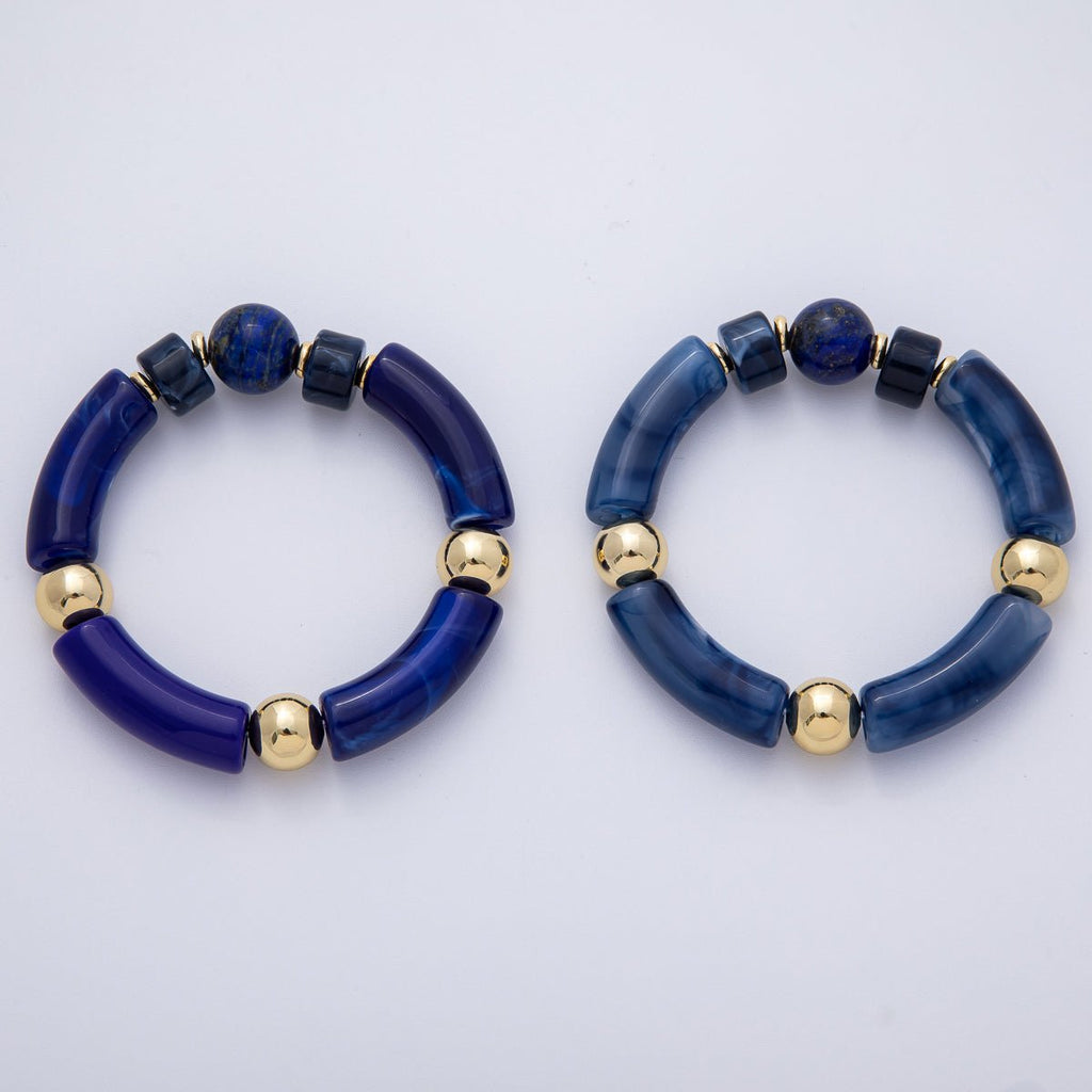 18K Gold Filled 6mm Blue Lapis Lazuli, Kyanite Gemstone Bead Stretch Bracelet | WA-3969 WA-3970