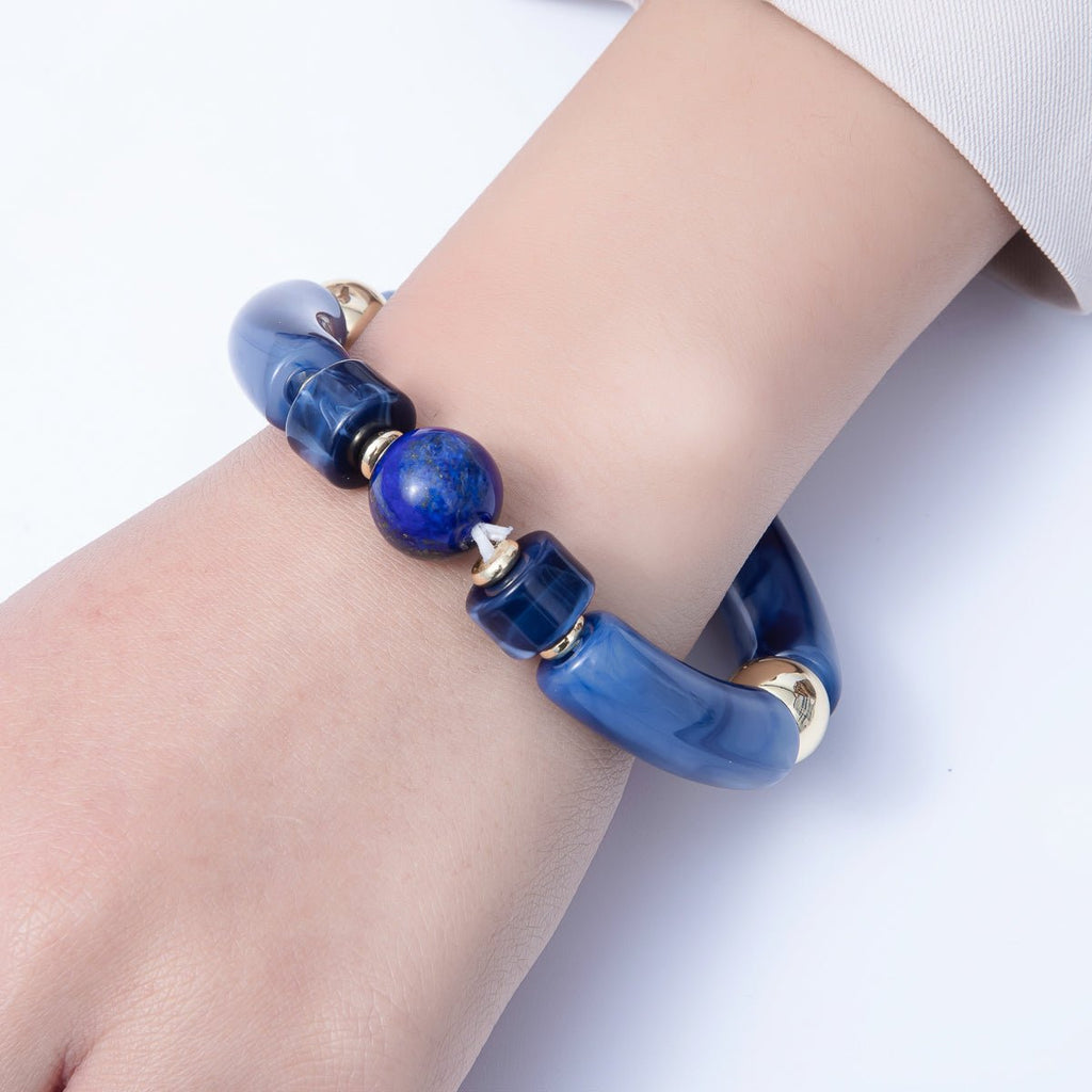 18K Gold Filled 6mm Blue Lapis Lazuli, Kyanite Gemstone Bead Stretch Bracelet | WA-3969 WA-3970