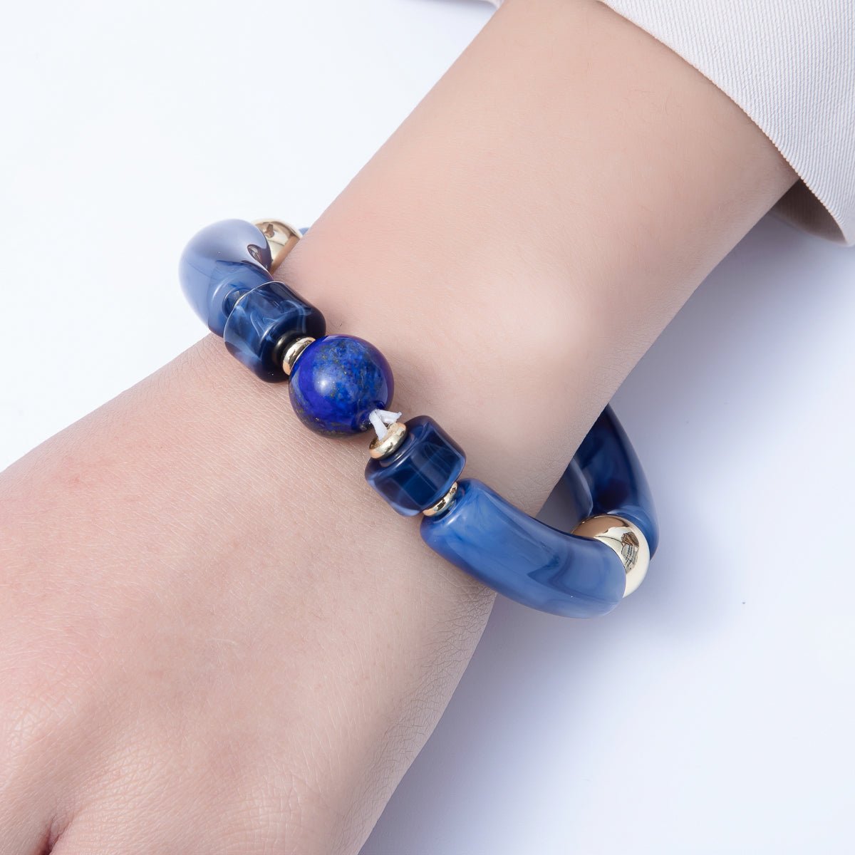 18K Gold Filled 6mm Blue Lapis Lazuli, Kyanite Gemstone Bead Stretch Bracelet | WA-3969 WA-3970