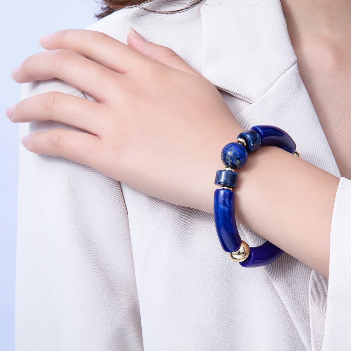 18K Gold Filled 6mm Blue Lapis Lazuli, Kyanite Gemstone Bead Stretch Bracelet | WA-3969 WA-3970