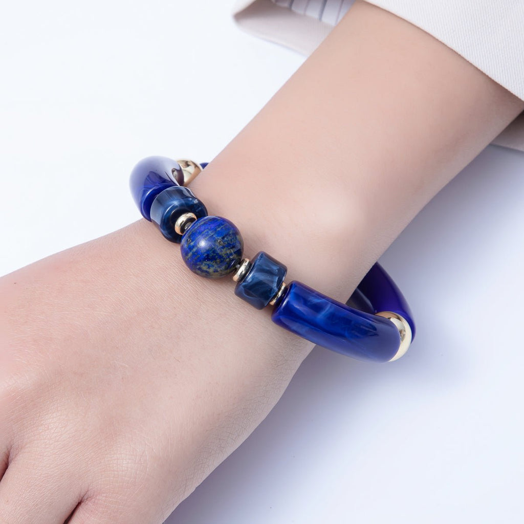 18K Gold Filled 6mm Blue Lapis Lazuli, Kyanite Gemstone Bead Stretch Bracelet | WA-3969 WA-3970