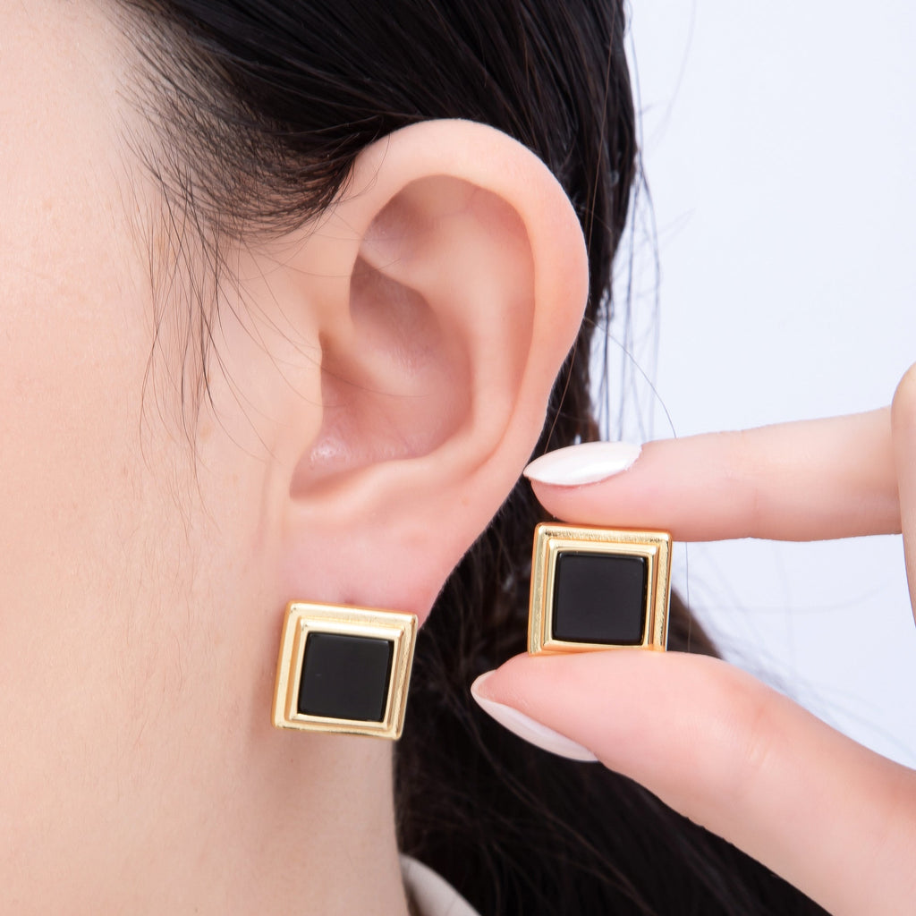 16K Gold Filled Black Bezel Square Stud Earrings | Earrings-00262