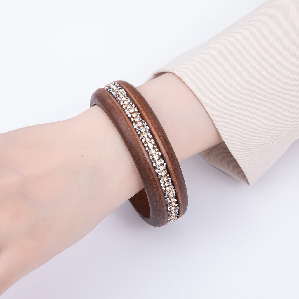 Micro Paved CZ Cluster Wood Bangle Bracelet in Black, Brown, Green, Latte | WA-04289 - WA-04292