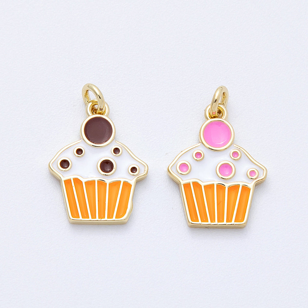 16K Gold Filled 15mm Brown, Pink Enamel Cupcake Pastry Charm | Charms-00155 Charms-00156