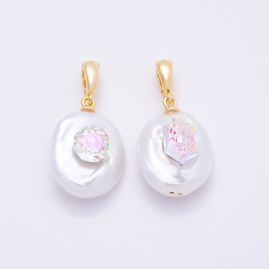 18K Gold Filled 24mm Round, Hexagon CZ Baroque White Freshwater Pearl Pendant | Charms-00941 Charms-00942