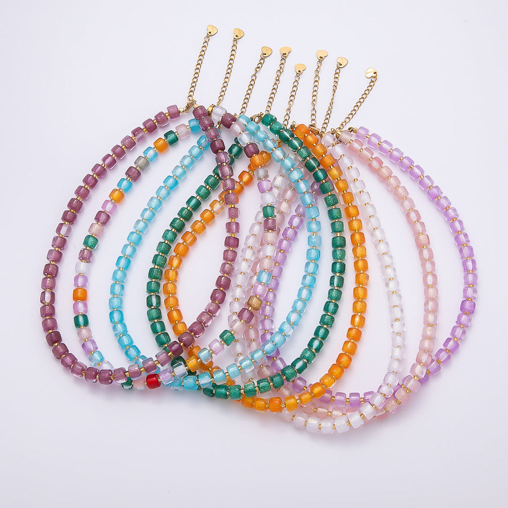 Stainless Steel 8mm Green, Purple, Multicolor, Blue, Purple, Pink, Orange, White Glitter Resin Rondelle Bead 16 Inch Necklace w. Extender | WA-04565 ~ WA-04572