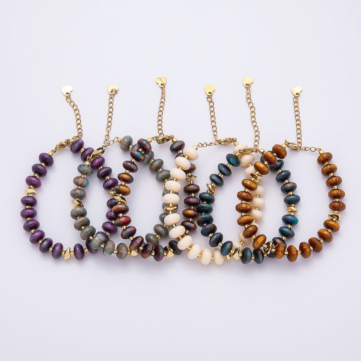Handmade 10mm Round Flat Rondelle Bead Resin 7.5 Inch Bracelet w/ Extender Gold Pvd Stainless Steel | WA-04613 - WA-04618