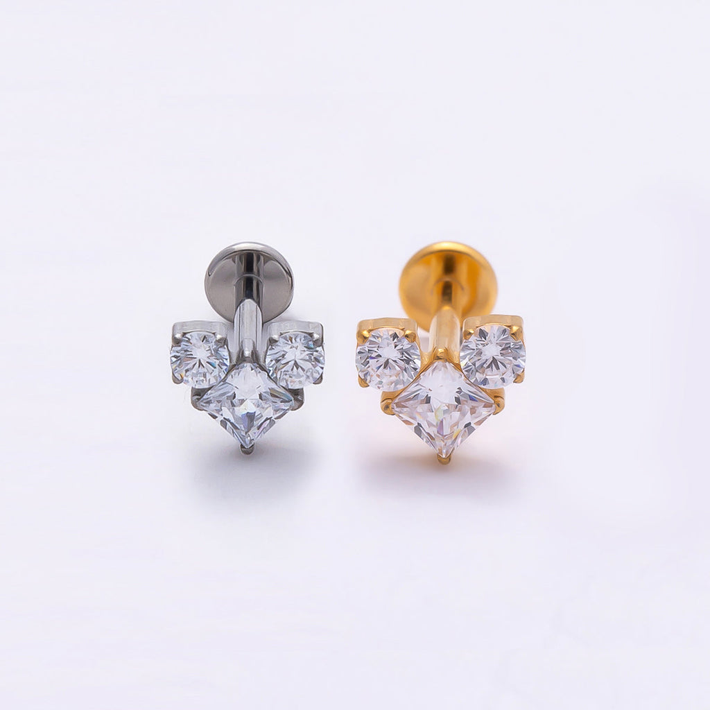Titanium 6.5mm Clear CZ Geometric Heart Single Cartilage Piercing Flat Back Stud in Gold & Silver | BJ-00005 BJ-00006