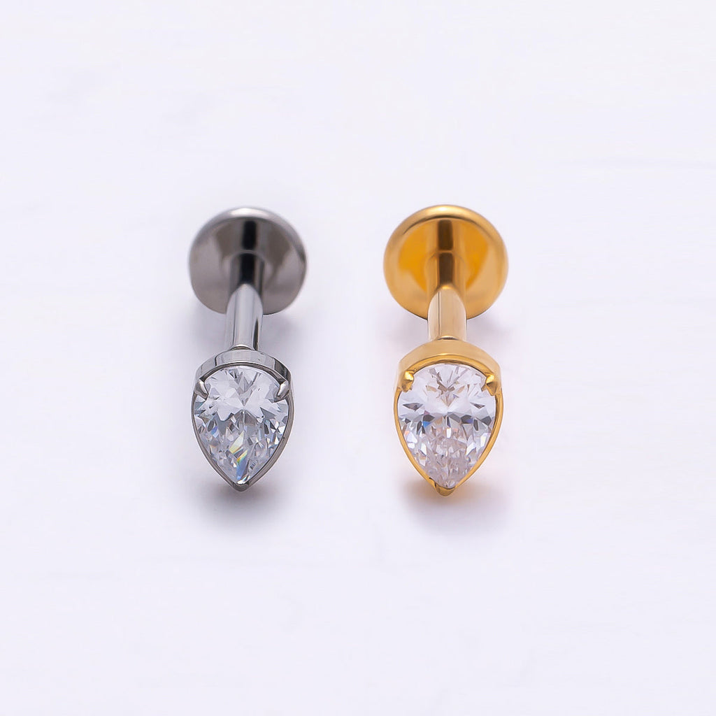 Titanium 4.5mm Clear CZ Teardrop Single Cartilage Piercing Flat Back Stud in Gold & Silver | BJ-00009 BJ-00010