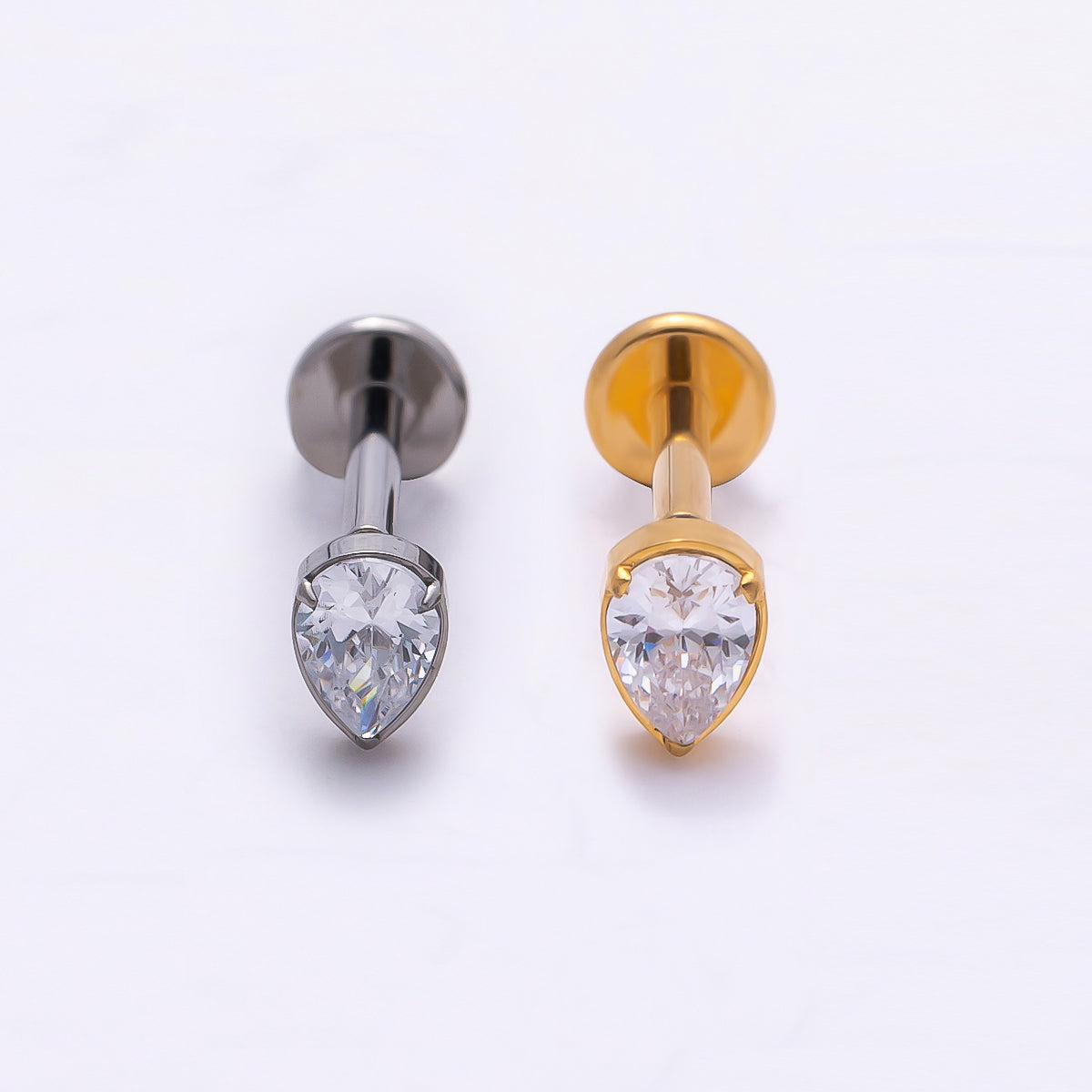 Titanium 4.5mm Clear CZ Teardrop Single Cartilage Piercing Flat Back Stud in Gold & Silver | BJ-00009 BJ-00010