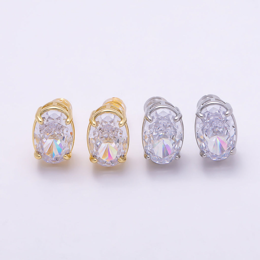 16K Gold Filled 13mm Clear Oval CZ Stud Earrings in Gold & Silver | Earrings-00403 Earrings-00404