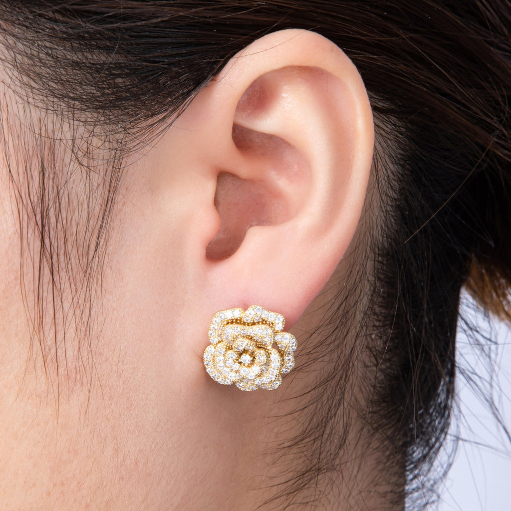 14K Gold Filled 17mm Micro Paved CZ Rose Flower English Lock Hoop Earrings | Earrings-00134