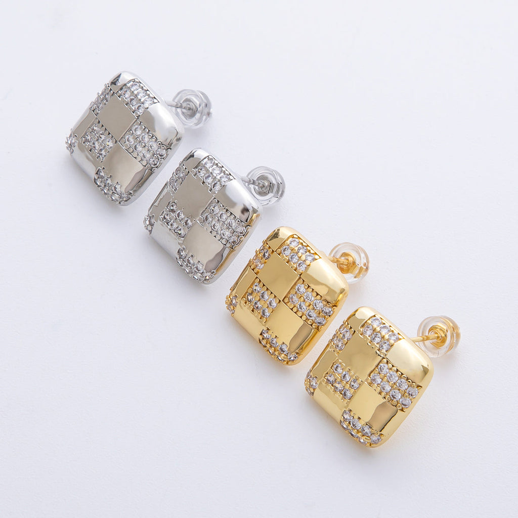 14K Gold Filled 15mm Micro Paved CZ Checkered Square Stud Earrings in Gold & Silver | Earrings-00021 Earrings-00022