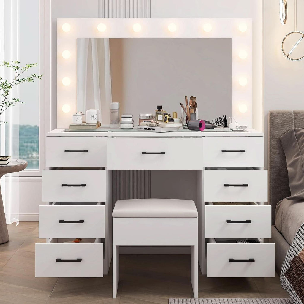 White Glass-Top Vanity Desk with Illuminated Mirror