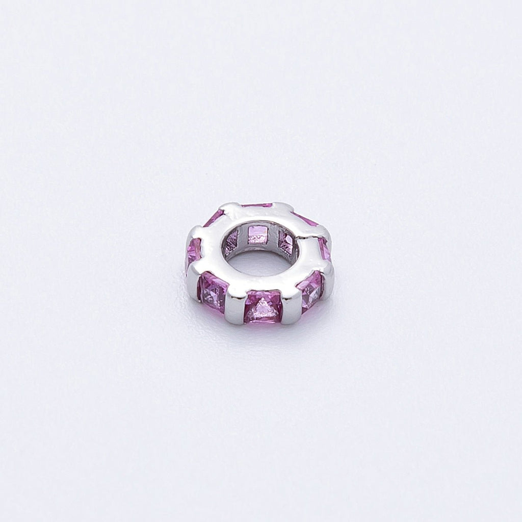8mm Silver Bead Birthstone Micro Paved Round CZ Rondelle Spacer Charm | Beads-00140 ~ Beads-00151