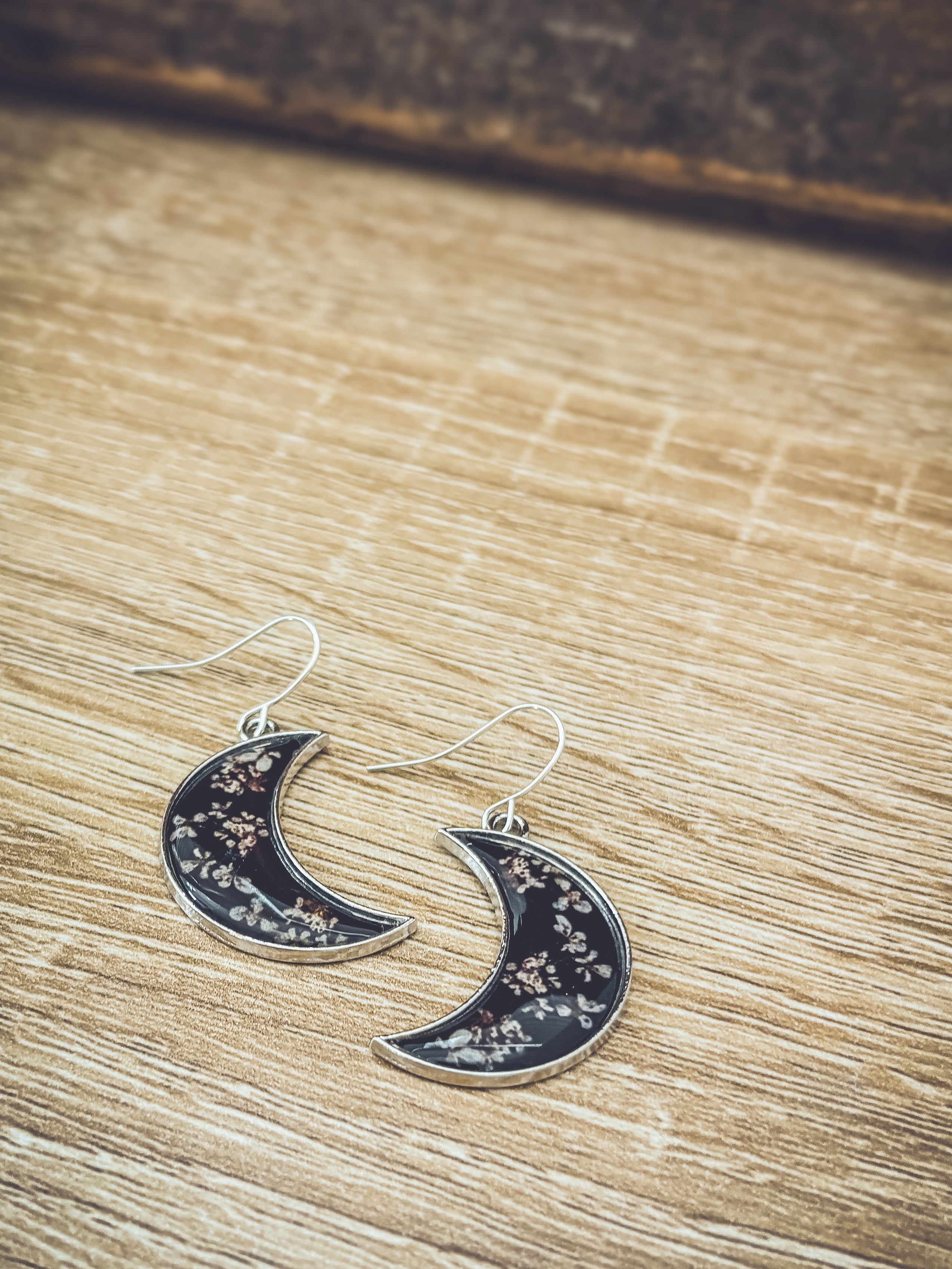 Midnight Moon Crescent Earrings with Pressed Flowers