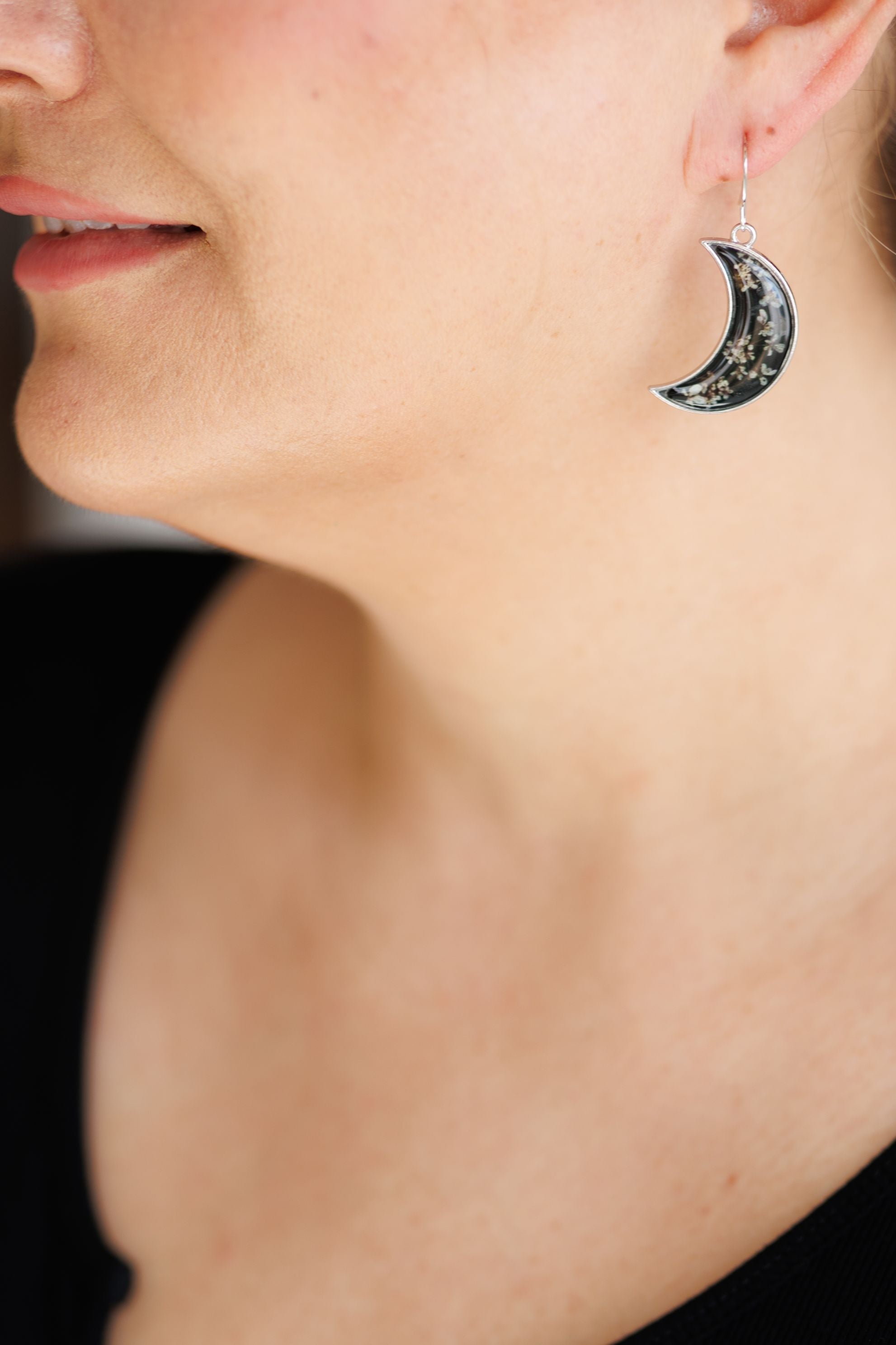 Midnight Moon Crescent Earrings with Pressed Flowers