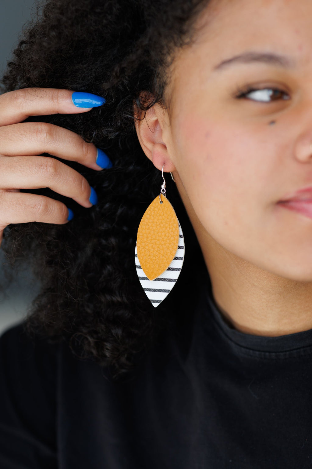Mustard and Striped Leaf Drop Earrings