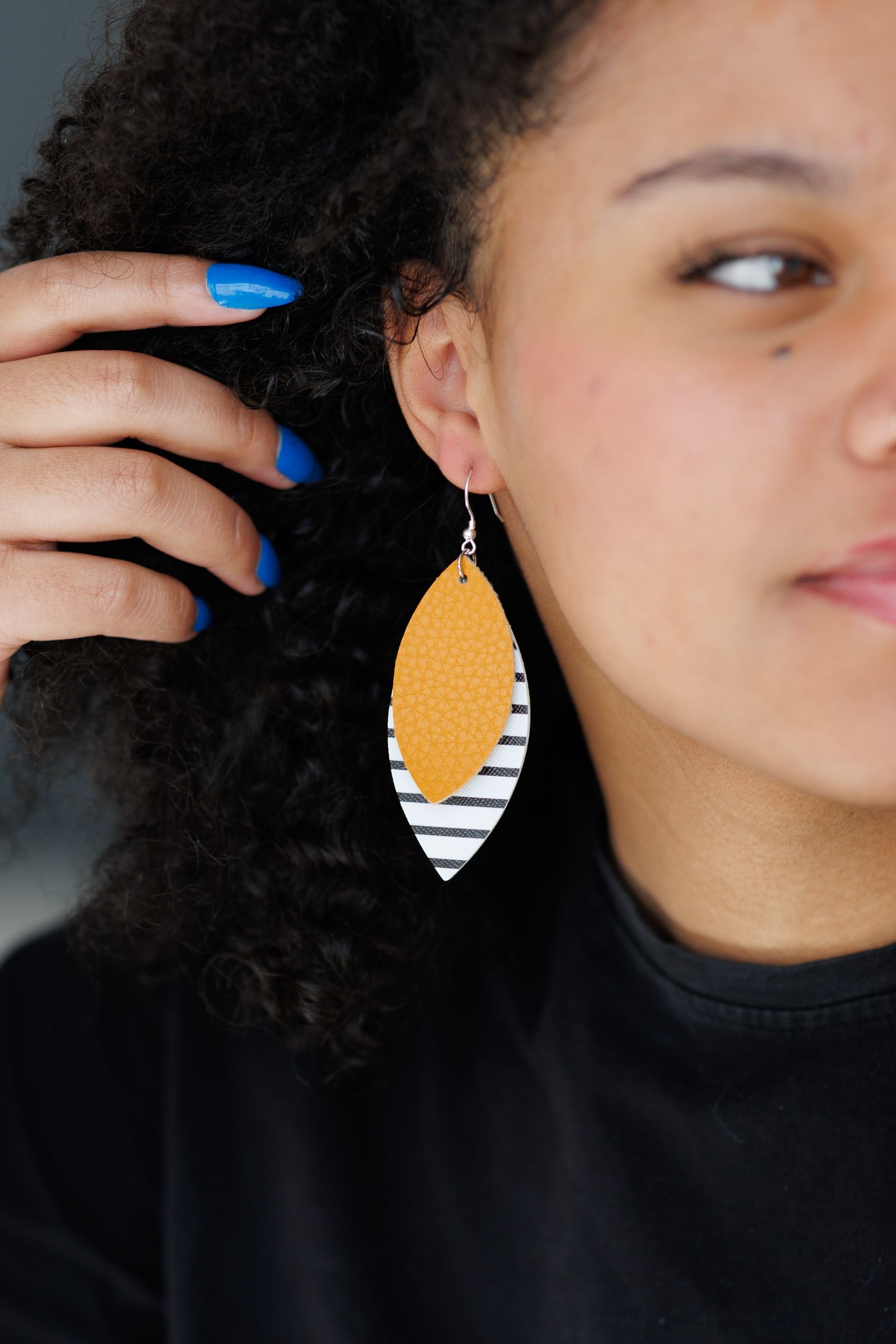 Mustard and Striped Leaf Drop Earrings
