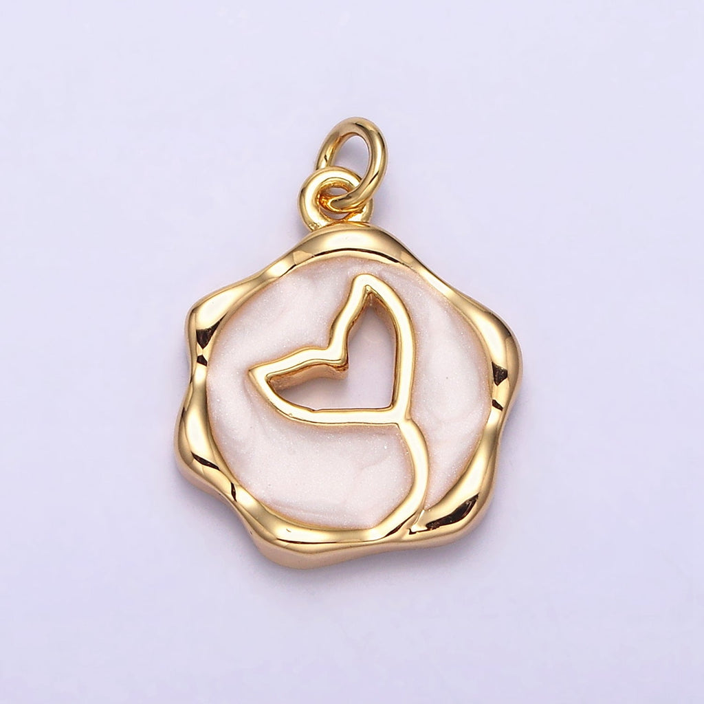 16K Gold Filled White, Pink, Blue Ocean Whale Tail Glitter Enamel Stamped Round Charm in Gold & Silver | AC1093 - AC1098