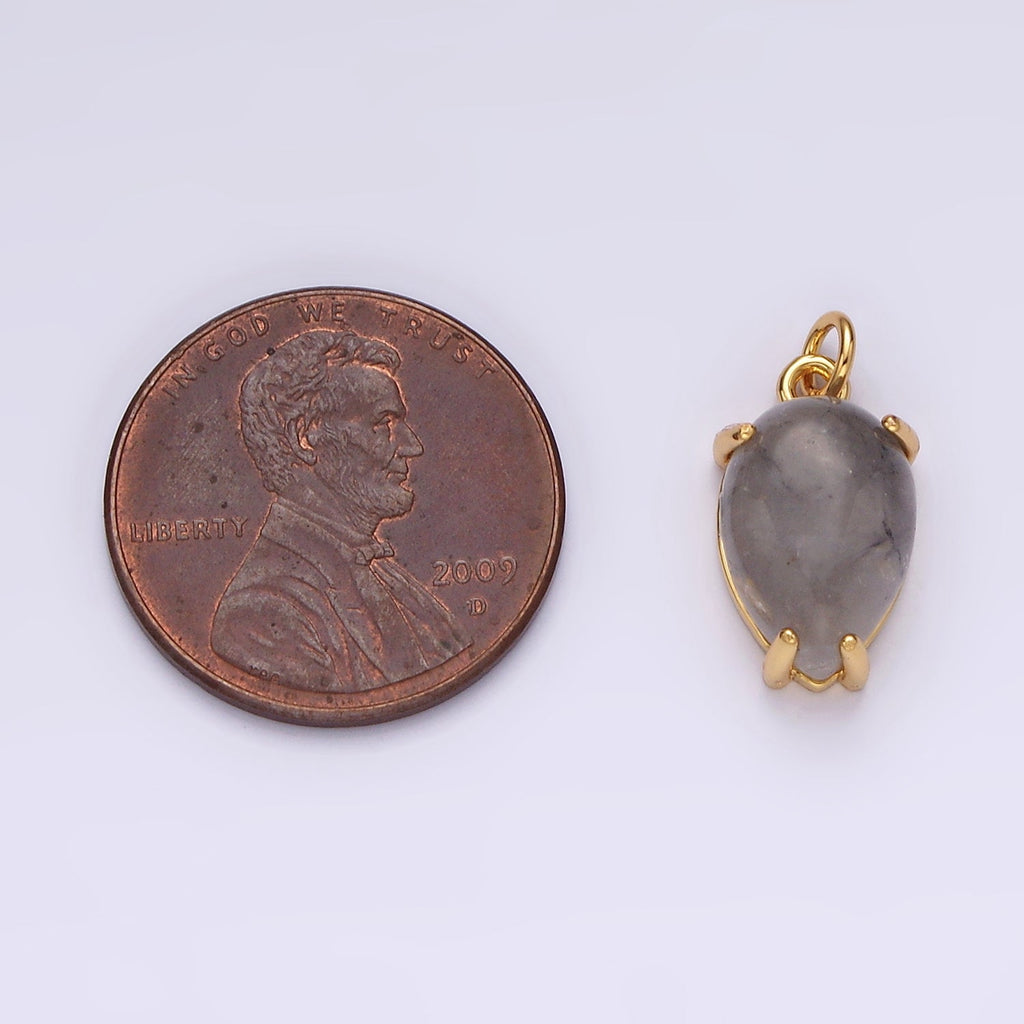 14K Gold Filled 16.5mm Teardrop Grey Agate Gemstone Charm | AC786