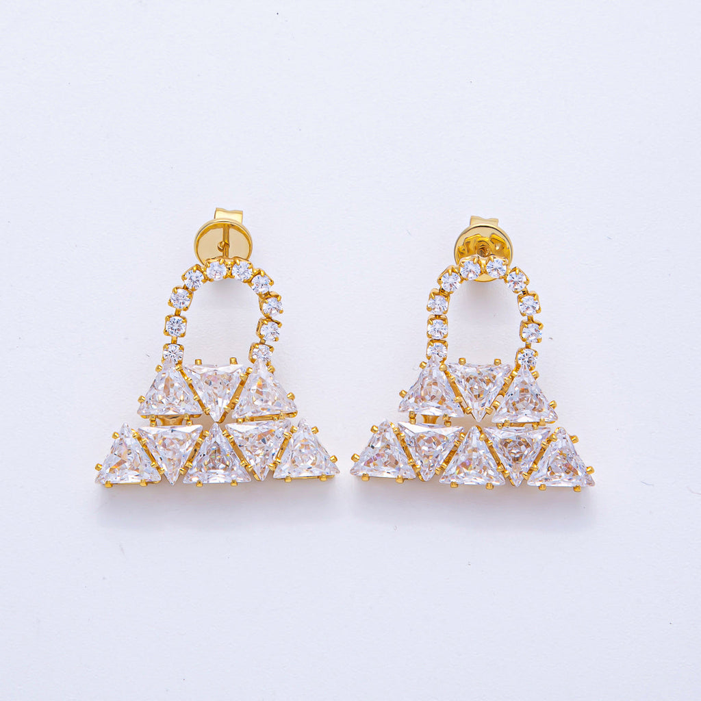 18K Gold Filled 24mm Clear CZ Bag Triangle Geometric Drop Stud Earrings | AD1672