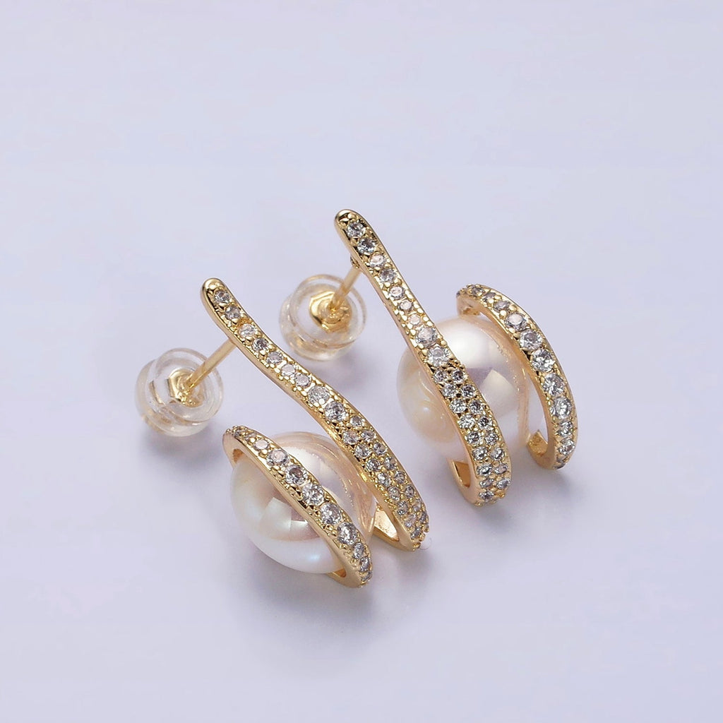 16K Gold Filled 21.5mm Iridescent Shell Pearl Micro Paved CZ Claw Drop Stud Earrings in Gold & Silver | AD972 AD973