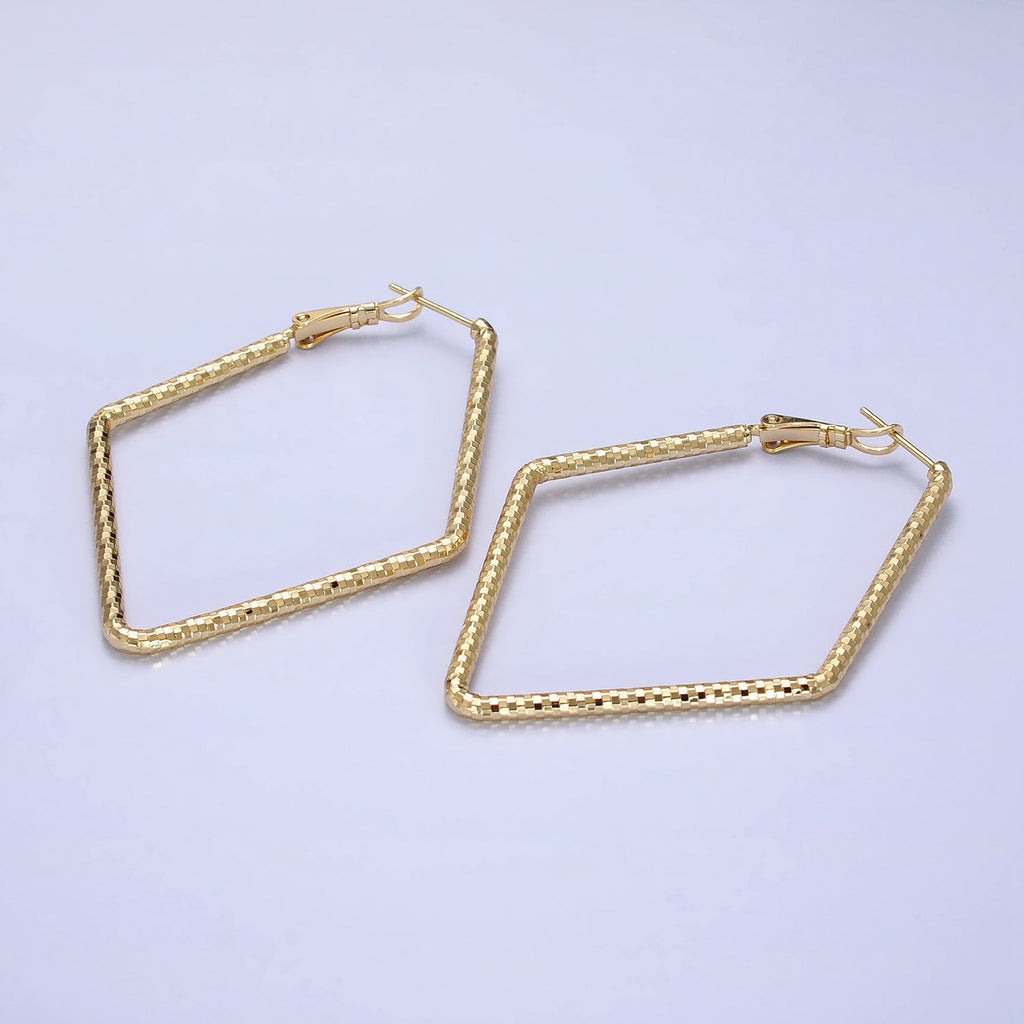 14K Gold Filled Multifaceted Textured 45mm, 60mm Rhombus Hinge Hoop Earrings | AE063 AE064